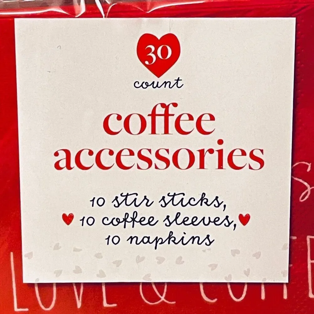 NWT 30 pc Red Set coffee accessories 10 stir sticks,10 coffee sleeves,10 napkins